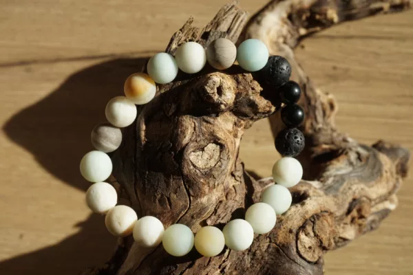 Bracelet Amazonite Givré, Pierre de Lave & Obsidienne Noire – Perles 10 mm & 8 mm