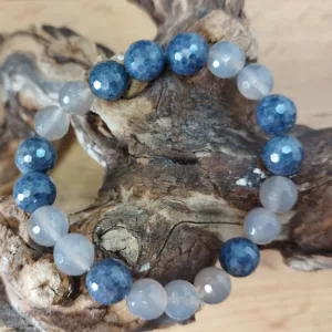 Bracelet Agate Grise & Saphir à Facettes – Perles 10 mm