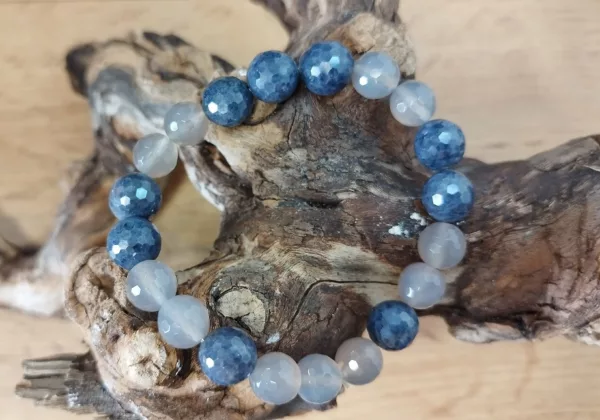 Bracelet Agate Grise & Saphir à Facettes – Perles 10 mm