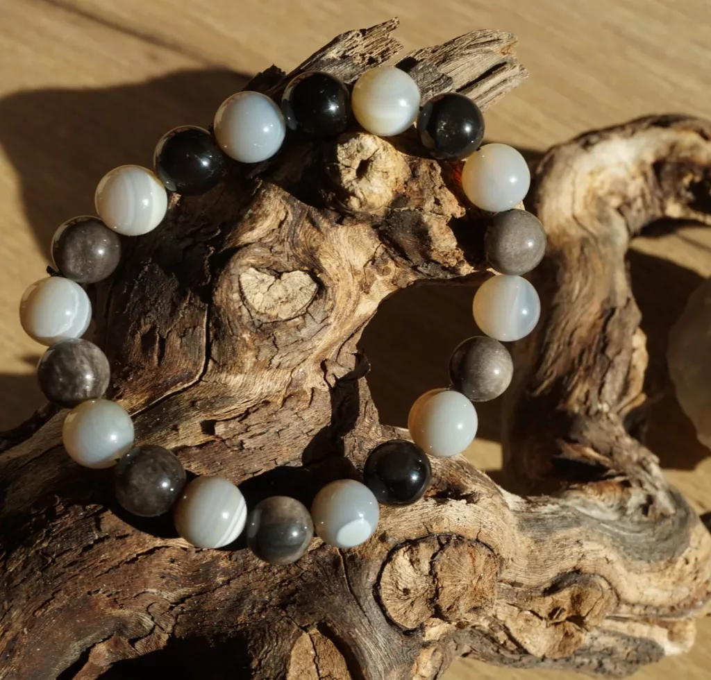 Bracelet Obsidienne Silver & Agate Grise – Perles 10 mm