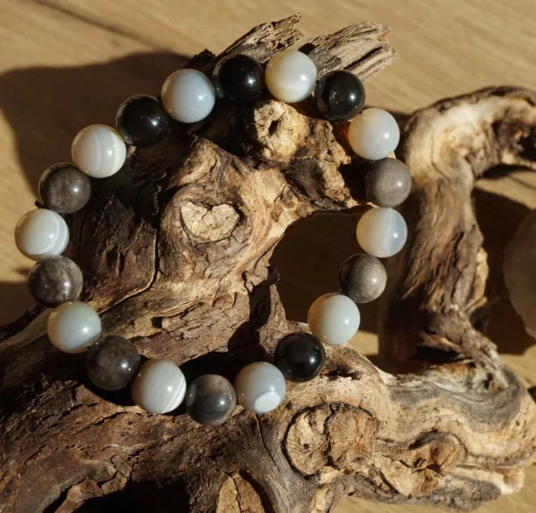 Bracelet Obsidienne Silver & Agate Grise – Perles 10 mm